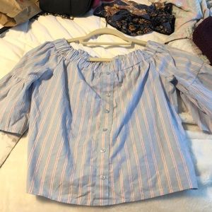 Blue and coral stripe off shoulder blouse